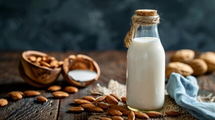 Bottle of almond milk with almonds on a rustic table