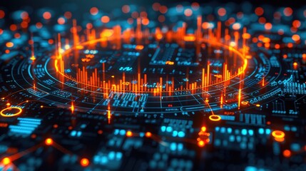 Innovative representation of business targets through a 3D image, showcasing a circular panel adorned with bow and arrow targets and an economic stock bar graph, emphasizing goal setting and market