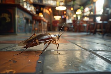Close-up of a cockroach on the floor of a dimly lit bar, highlighting the detailed texture of the insect in a rustic environment.
