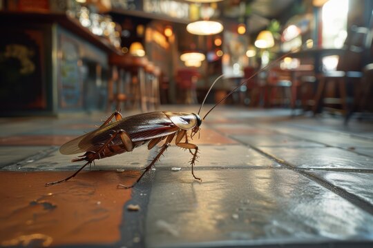 Close-up of a cockroach on the floor of a dimly lit bar, highlighting the detailed texture of the insect in a rustic environment.