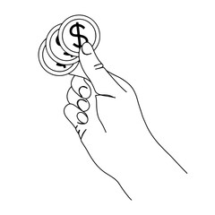 Continuous line drawing of hand holding coin isolated on transparent background. vector illustration