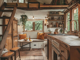 Cute tiny house interior layout complete with basic facilities and bed. Has a wide window for interior space lighting.