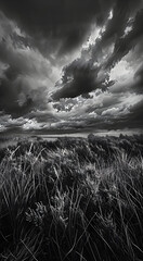 Professional monochrome photography of field with bushes, grass and clouds. Graphic black and white poster of meadow landscape. Photo shot for interior painting.
