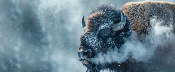 Frosty Bison With Steam Rising From Its Breath In Yellowstone,High Resolution, Ultra HD