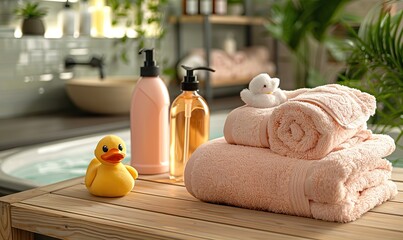 set of laundry detergent bottles clean towels, duck toy on table in bathroom.stock photo