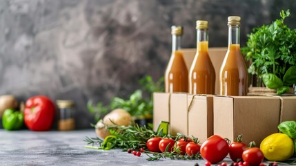 Bottles of fresh tomato juice with vegetables and herbs