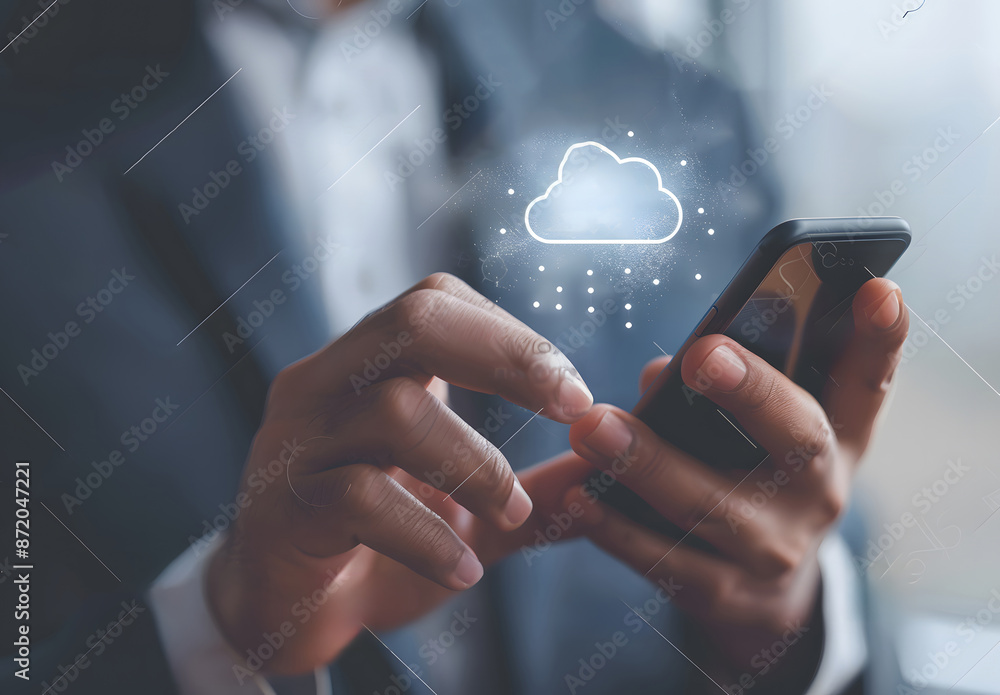 Poster cloud technology concept. businessman shows cloud storage network technology icon, a large network o
