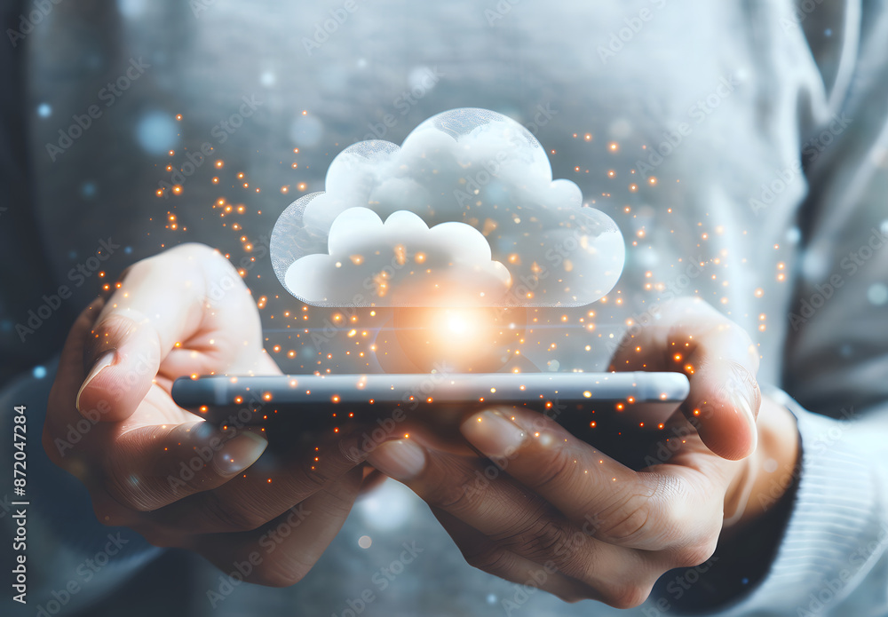 Poster cloud technology concept. businessman shows cloud storage network technology icon, a large network o