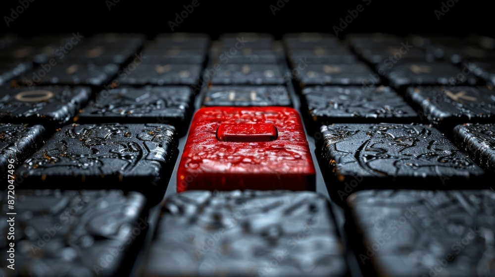 Poster play with depth of field to draw attention to the vibrant red key on a keyboard while subtly blurrin