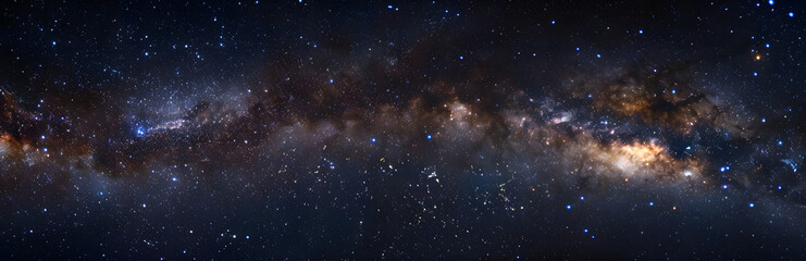 Naklejka premium Panoramic photo of the Milky Way galaxy,with stars and galaxies in the dark black sky background, stars, milky way, sky full of stars,deep space, starscape.