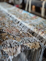 Interlaced threads forming a detailed design on a loom, Weave Interlace, Precision and artistry in fabric creation
