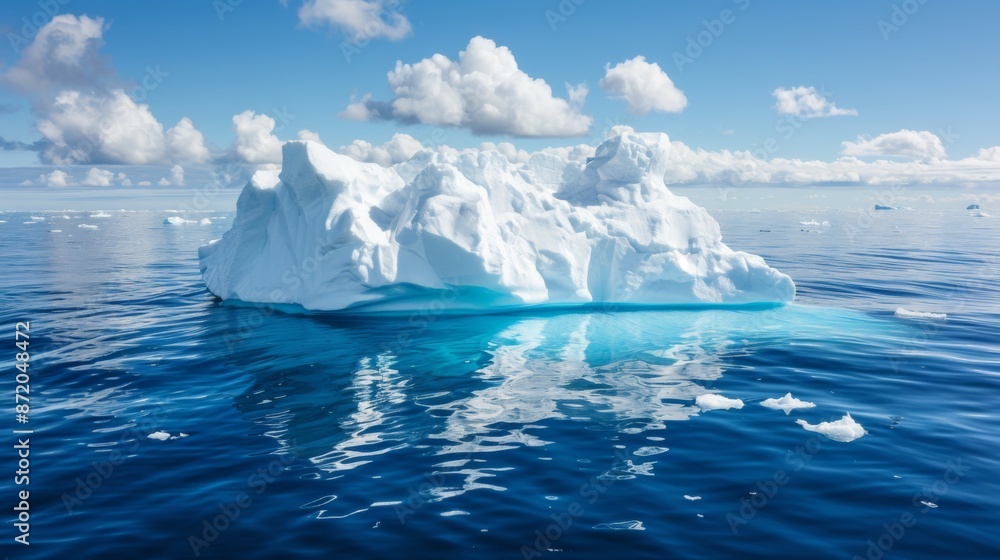 Poster render a scene of icebergs floating in a dense fog, their ghostly forms looming ominously in the mis