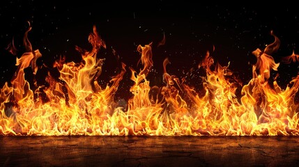 Obraz premium Powerful visual of a roaring fire burning brightly against a stark black background, evoking warmth and intensity in the frame