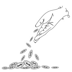 Continuous line drawing of Coins falling from pile of money in man hand. isolated on transparent background. vector illustration