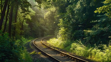 Fototapeta premium Scenic view of railroad tracks meandering through a lush green forest, under a canopy of trees with dappled sunlight filtering through