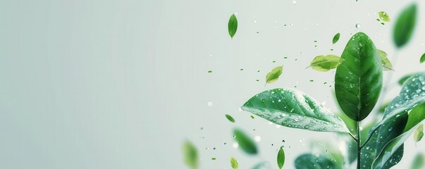 Green leaves falling in the air with a light background