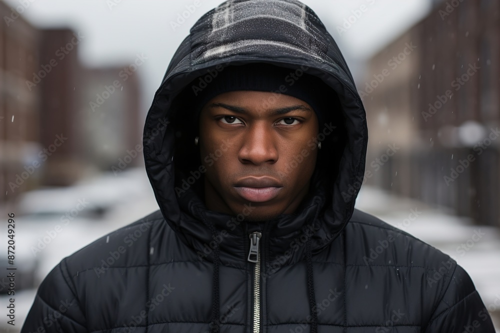 Wall mural A man wearing a black hooded jacket and a black beanie is standing in the snow