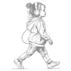 Fototapeta premium little girl walking listening to headset with engraving style