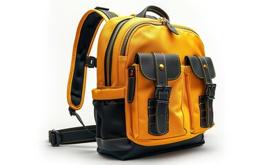 Fototapeta premium black, yellow carry on backpack for travel isolated on white background children s school satchel bagpack colored briefcase for teens.stock photo