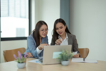 Two Professional Women Collaborating on a Project in a Modern Office Setting