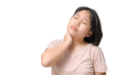 Fototapeta premium Neck pain. Portrait stressed unhappy young teenager girl woman with back pain, after long school hours studying isolated