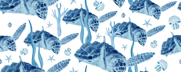 Obraz premium Sea turtle seaweed seamless pattern in blue watercolor isolated on white. High quality hand-drawn monochromatic art for notebooks, posters, wallpaper, textile, wrapping paper, eco, room decor, design