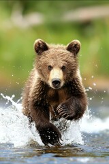 Obraz premium A brown bear cub wades through a river, splashing water as it hunts for fish