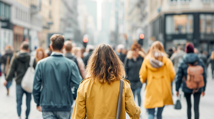 Rear View of Woman in Yellow Jacket Walking on Busy City Street
