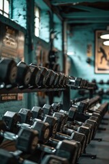 Fototapeta premium Row of dumbbells lined up in a gym with a muted blue wall, showcasing fitness equipment and promoting a healthy lifestyle.
