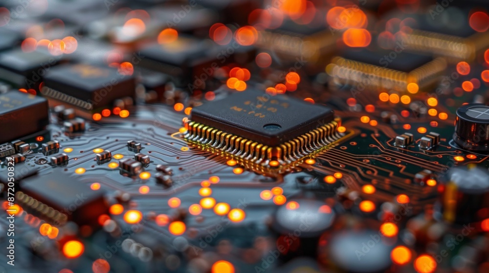 Poster A close-up shot of a circuit board with a microchip at the center, illuminated by glowing red and orange lights.