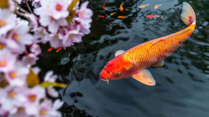 Koi Fish Swimming Beneath Cherry Blossoms
