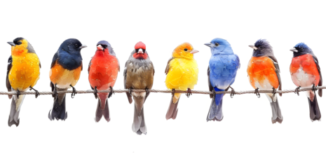 A row of colorful birds sitting on a wire