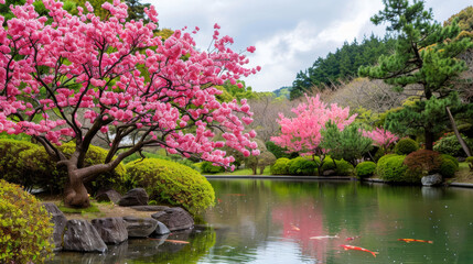 A tranquil Japanese garden featuring blooming cherry blossom trees, a serene koi pond, and lush greenery under a cloudy sky.
