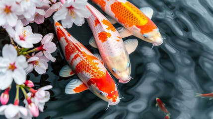 Close-up of colorful koi fish swimming in a pond with cherry blossom petals floating on the water, showcasing natural beauty.
