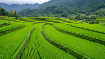 Lush green terraced rice fields in a mountainous area, showcasing intricate agricultural design and vibrant natural beauty.
