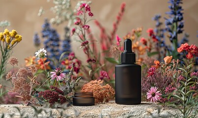 black dropper cosmetic bottles, jar of moisturizer cream, dry flowers on beige background.image