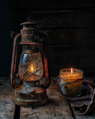 A candle and lantern sit on a wooden table.
