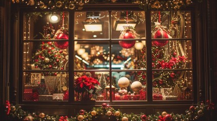 Fototapeta premium Christmas storefront window with decorations.