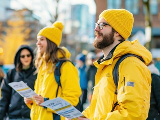 Volunteers distributing flyers on a city street, wearing yellow jackets and beanies.