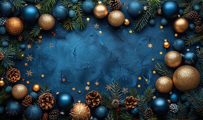 christmas frame of blue, gold luxury xmas balls ornaments fir branches confetti on dark blue background happy new year greeting card template banner mockup flat lay top view copy space.stock image