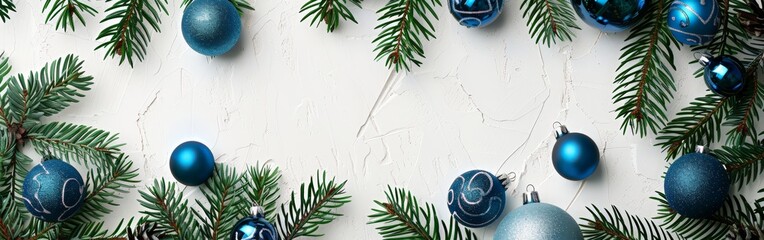 Festive Season: Pine Branches and Blue Ornaments