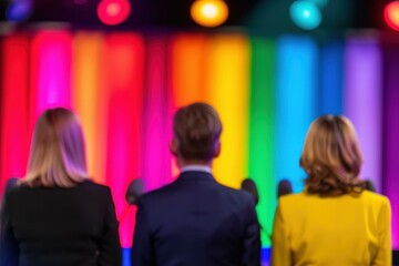 A diverse group of candidates participating in a debate on stage, with vibrant backgrounds and podiums.