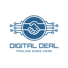 Design of shaking hands in a circle surrounded by digital circuits, this logo is suitable for e-commerce companies, technology and digital consulting services