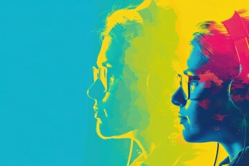 This image features a vibrant and colorful overlay of human profiles, highlighting the use of bright colors and artistic style to create a dynamic and visually striking composition.