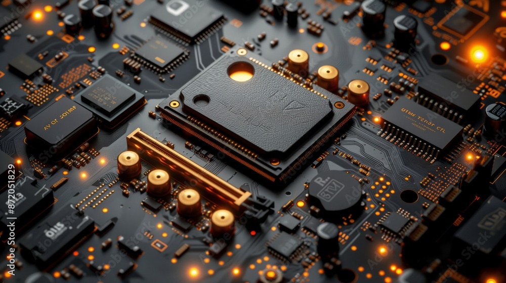 Aufkleber Close-up of a circuit board with a large processor in the center, illuminated with warm light. Intricate details of modern technology are visible.