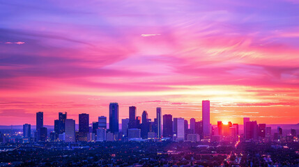 Obraz premium A vibrant city skyline at sunset with ample copy space for text, ideal for stock photos and sale banners.