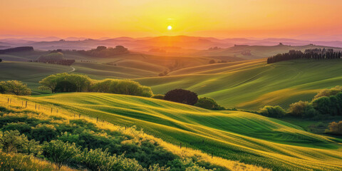 A breathtaking landscape scene, sunset over rolling fields, golden sunlight illuminating nature and casting long shadows on the grass.