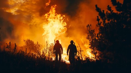 Silhouette of two firemen aerial view from behind with fire in forest as background. First responders at wildfire in action. Devastating blazing wildfires. Climate change. 