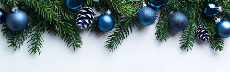 Festive Season: Pine Branches and Blue Ornaments