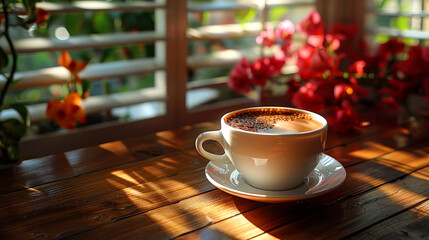 Fototapeta premium a closeup cup of coffee near window on morning theme nature